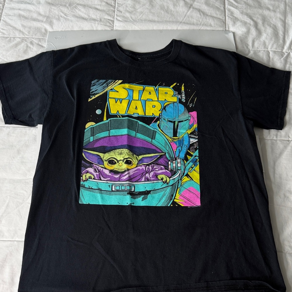Star Wars Tee in Black with Neon Grogu & Mando Graphic
